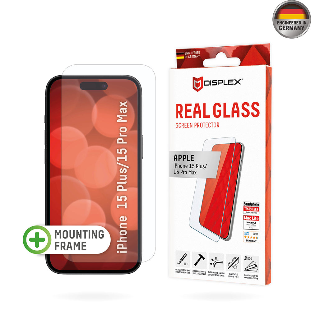 Bildschirmfolie – Displex – Premium Real Glass 2D (iPhone und Samsung). Einfaches Anbringungsset im Lieferumfang enthalten