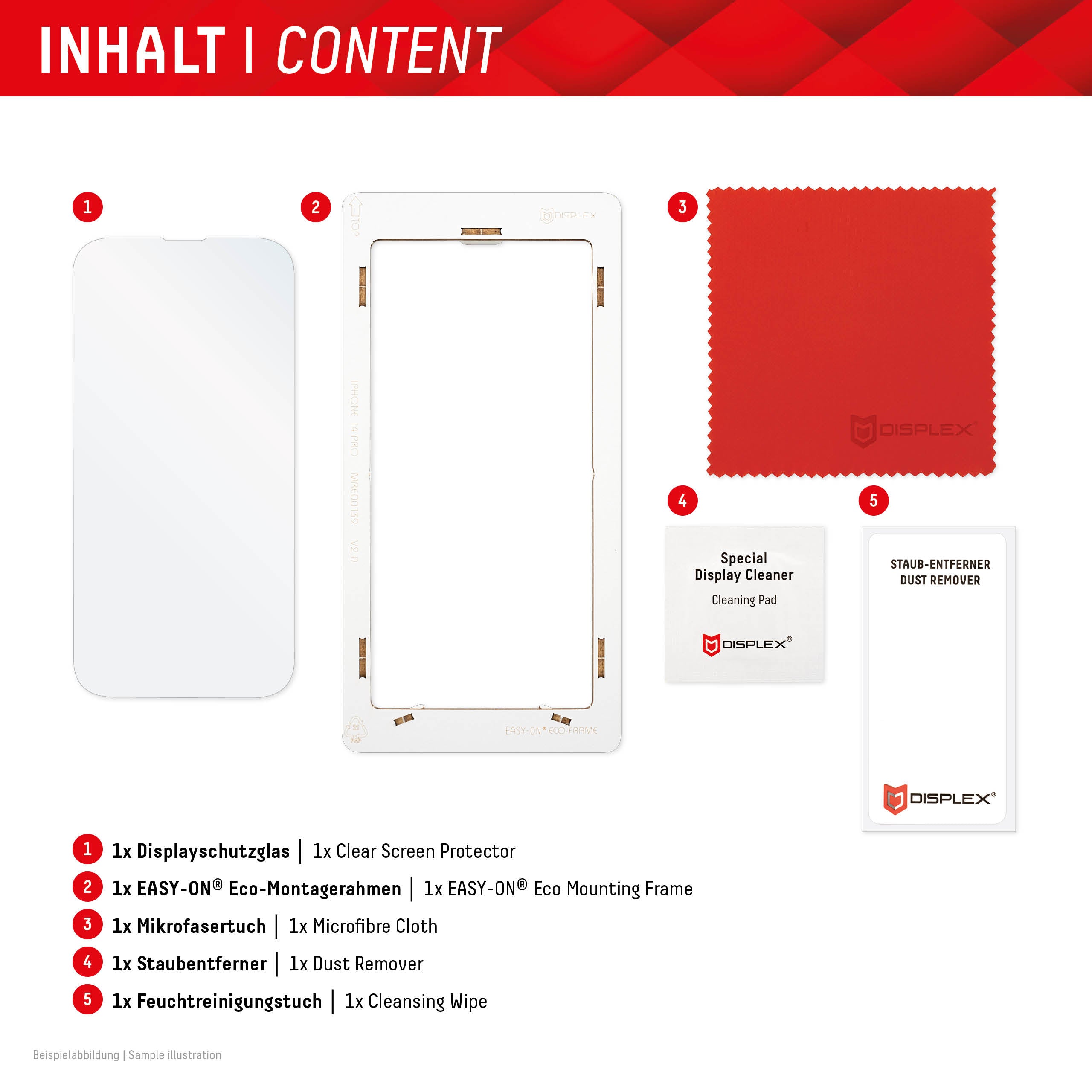 Bildschirmfolie – Displex – Premium Real Glass 2D (iPhone und Samsung). Einfaches Anbringungsset im Lieferumfang enthalten